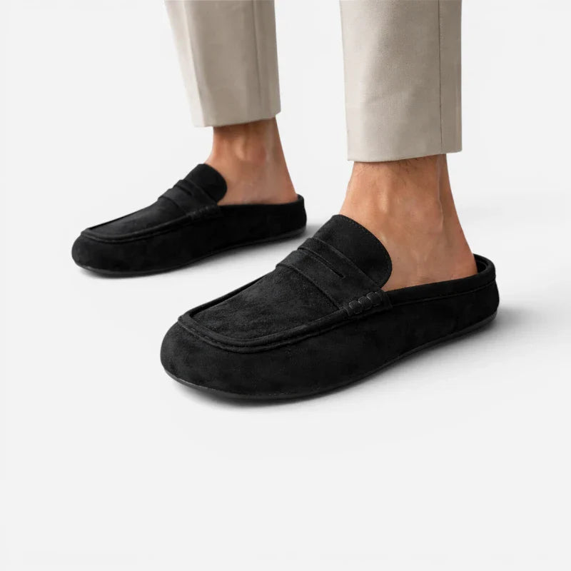 Chausson Mocassin Mule Ouvert Confotable En Daim Nubuck Noir