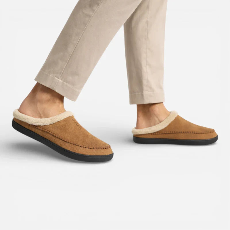 Chausson Mocassin En Cuir Marron Camel Mule Fourré Pour Homme