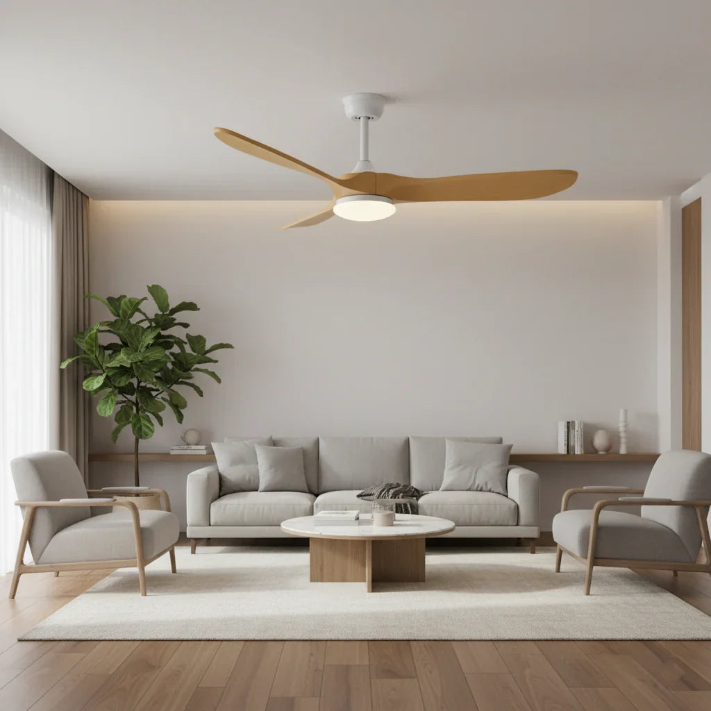 Aria | Ventilateur vintage blanc et bois naturel, LED