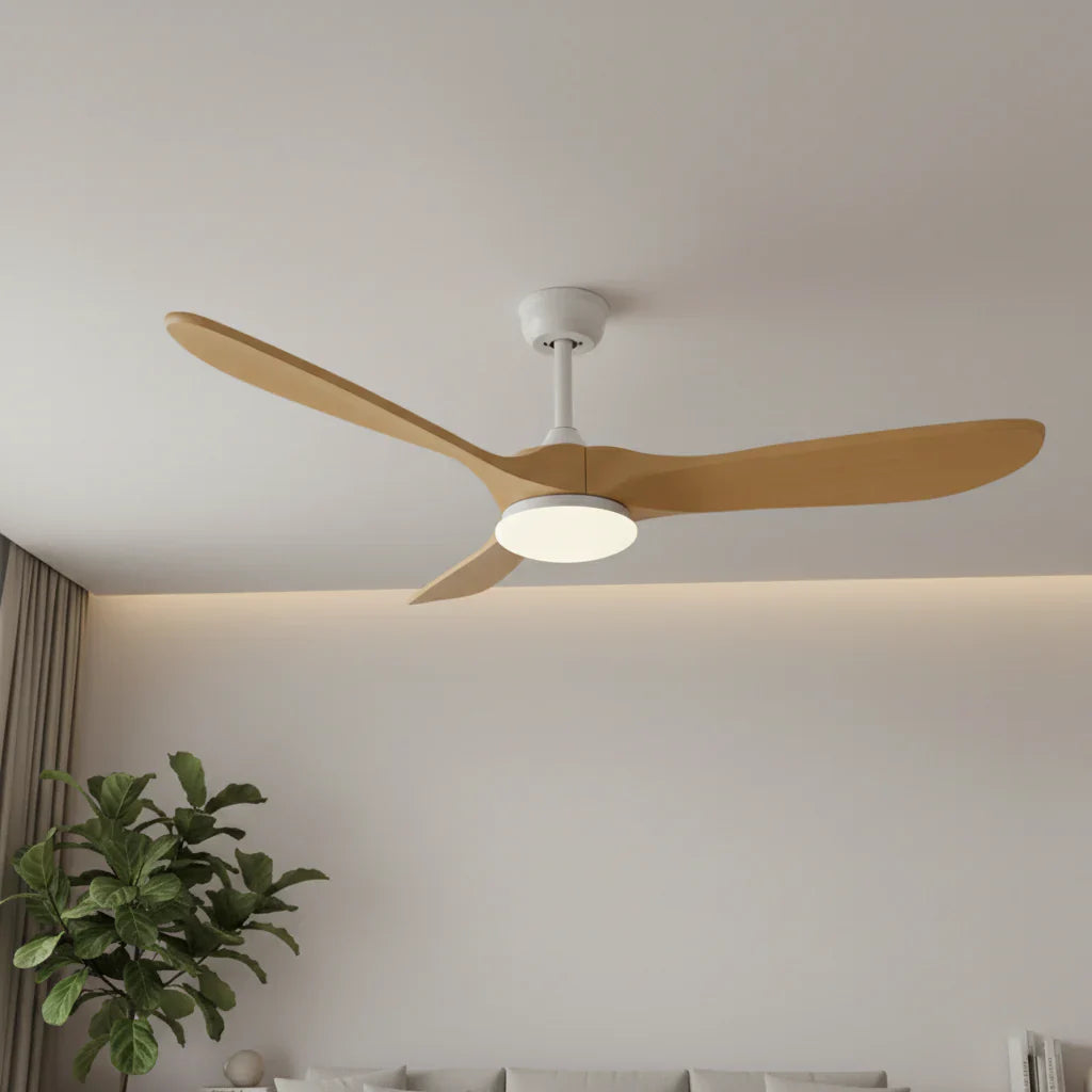 Aria | Ventilateur vintage blanc et bois naturel, LED