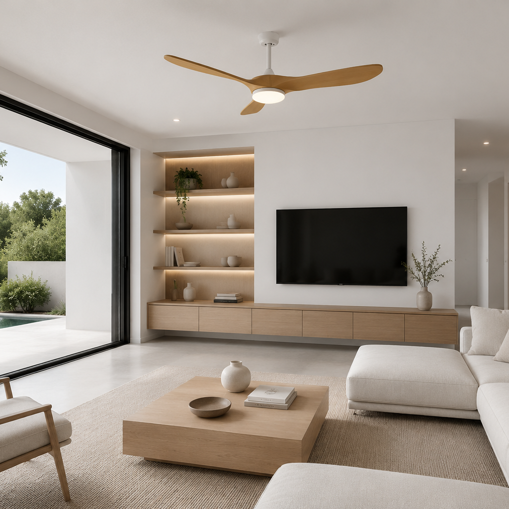 Aria | Ventilateur vintage blanc et bois naturel, LED