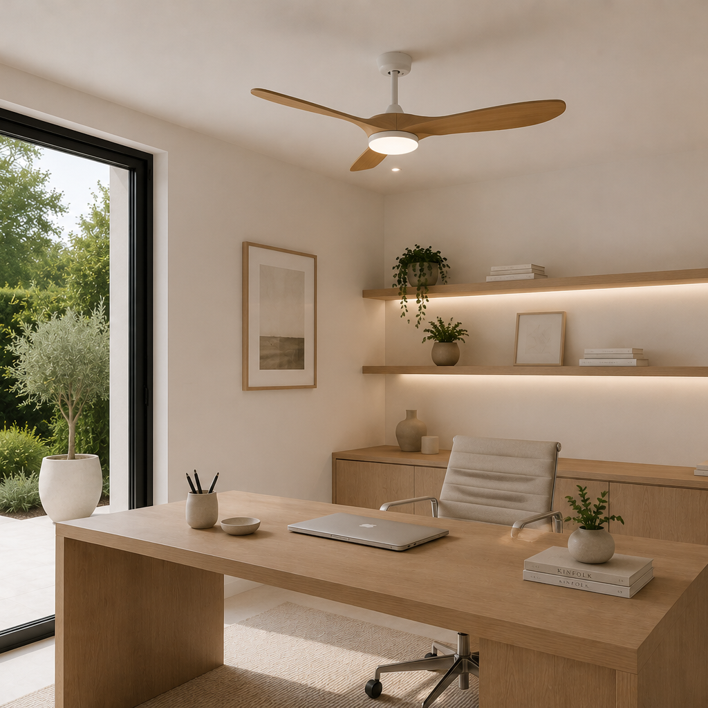 Aria | Ventilateur vintage blanc et bois naturel, LED