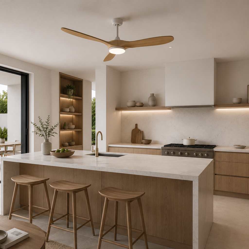 Aria | Ventilateur vintage blanc et bois naturel, LED