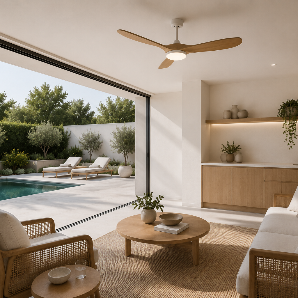 Aria | Ventilateur vintage blanc et bois naturel, LED