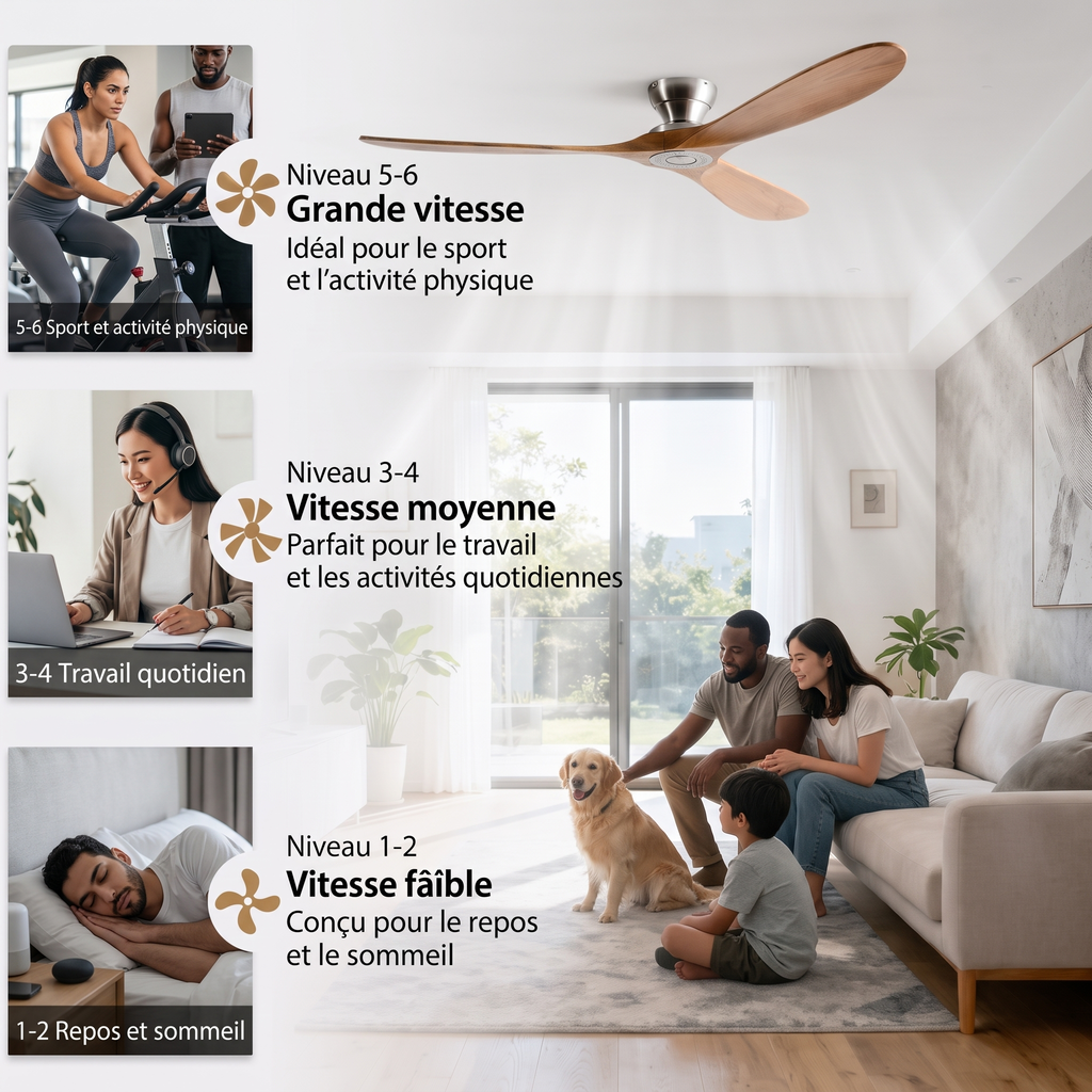 Lumi | Ventilateur éclairage LED bois naturel et blanc