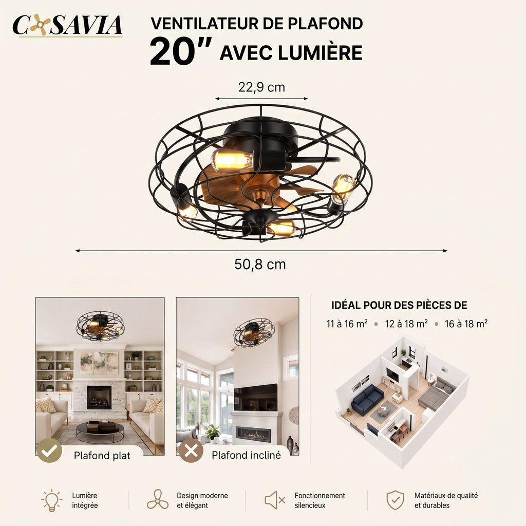 Oslo | Ventilateur cage éclairage télécommande 51 cm