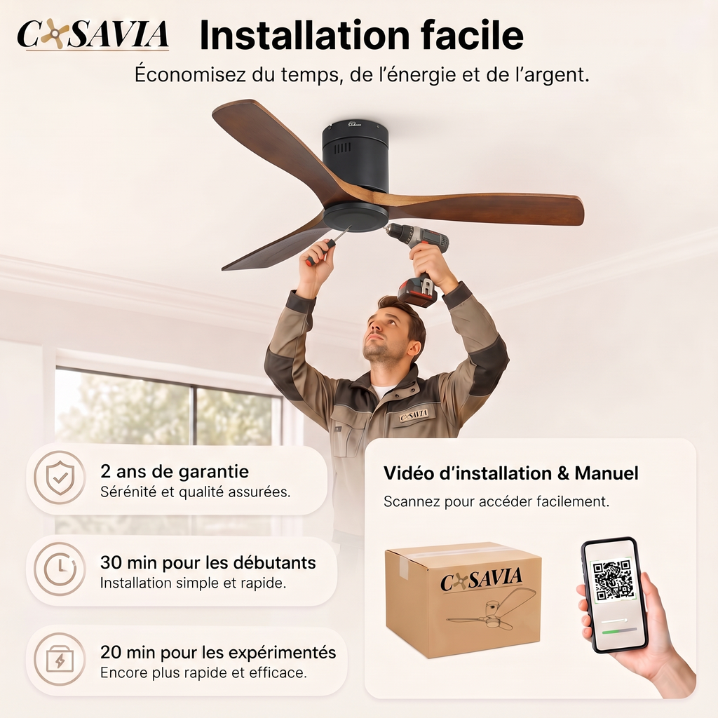 Mountain | Ventilateur de plafond 132cm encastré - Sans lumière, acier & bois