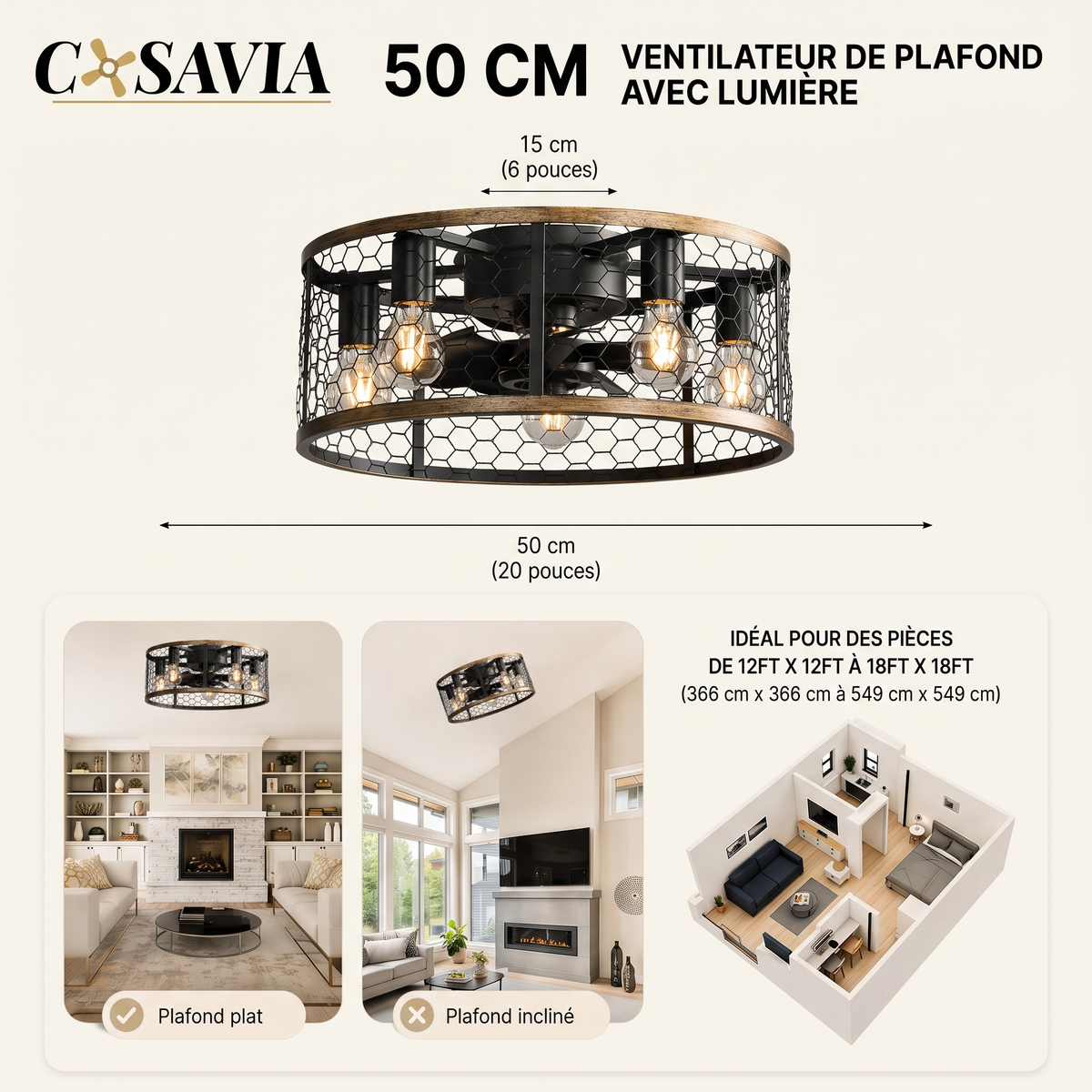 Marengo | Ventilateur cage LED télécommande 51 cm