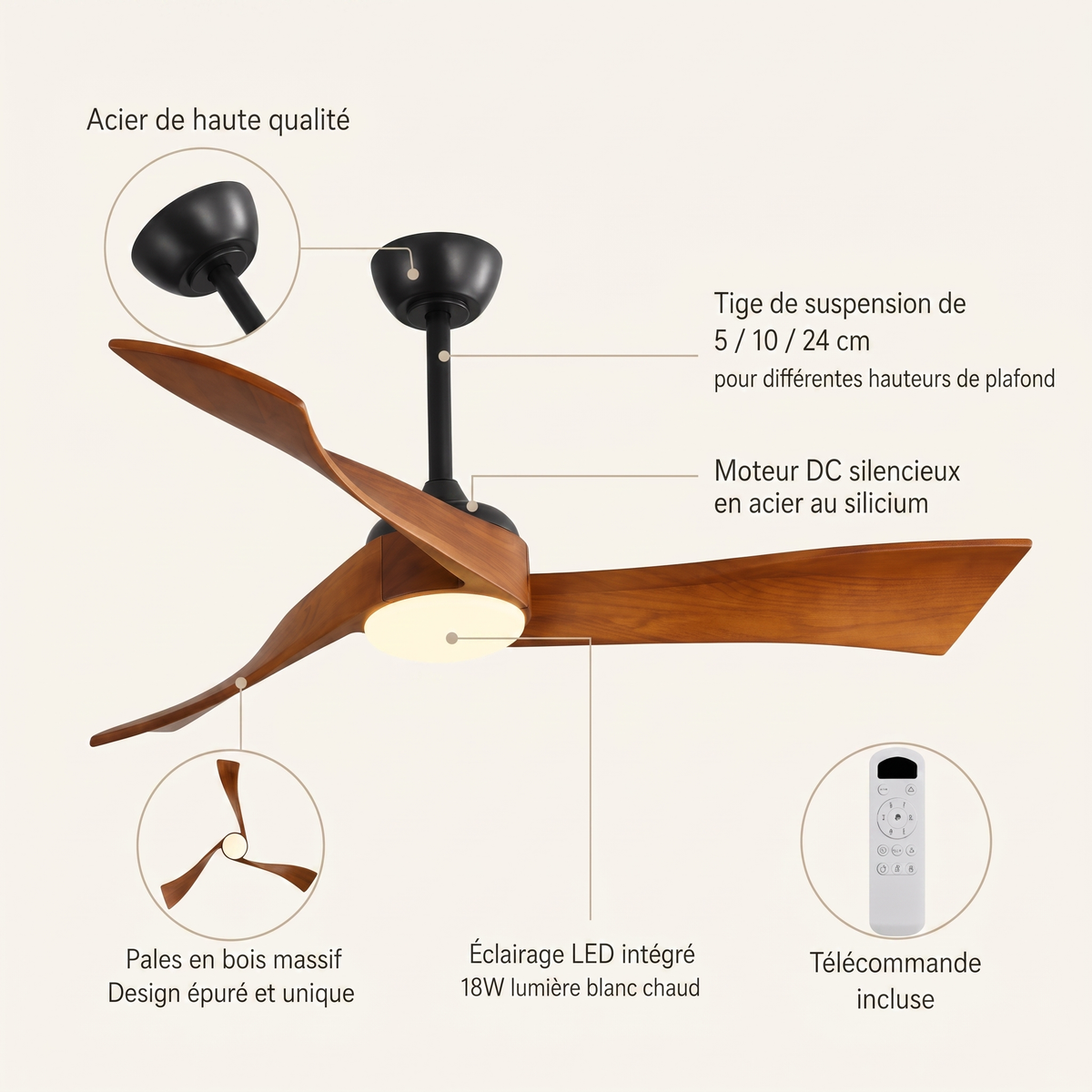 Cygnéo | Ventilateur nordique LED télécommande 132 cm