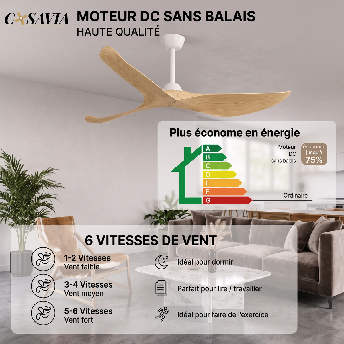 California |132 cm avec Pales Finition Bois Moteur DC Basse Consommation