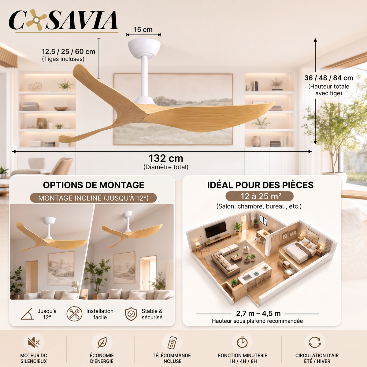 California |132 cm avec Pales Finition Bois Moteur DC Basse Consommation