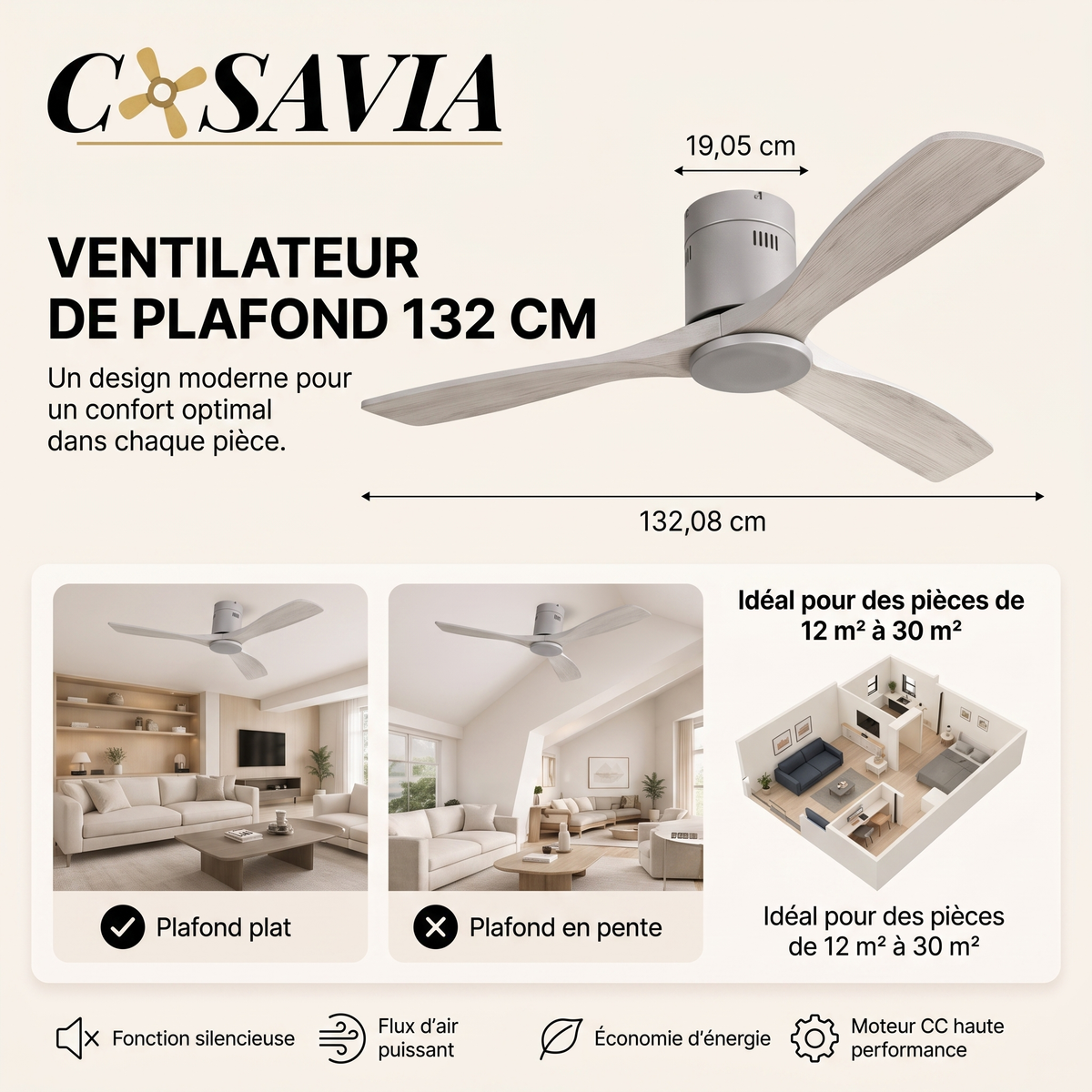 Calanque | Ventilateur design LED télécommande 132 cm