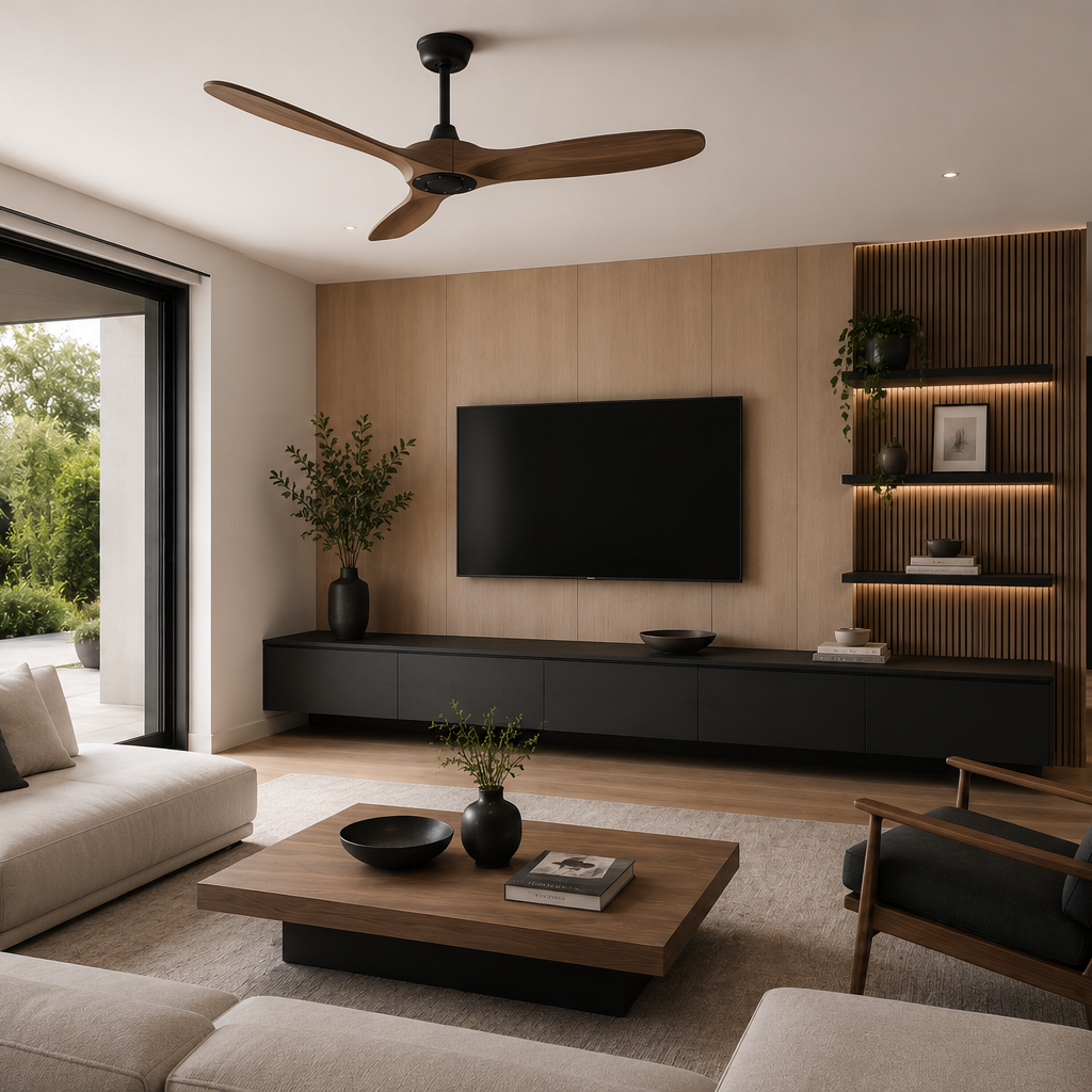 Auster | Ventilateur vintage noir et bois foncé
