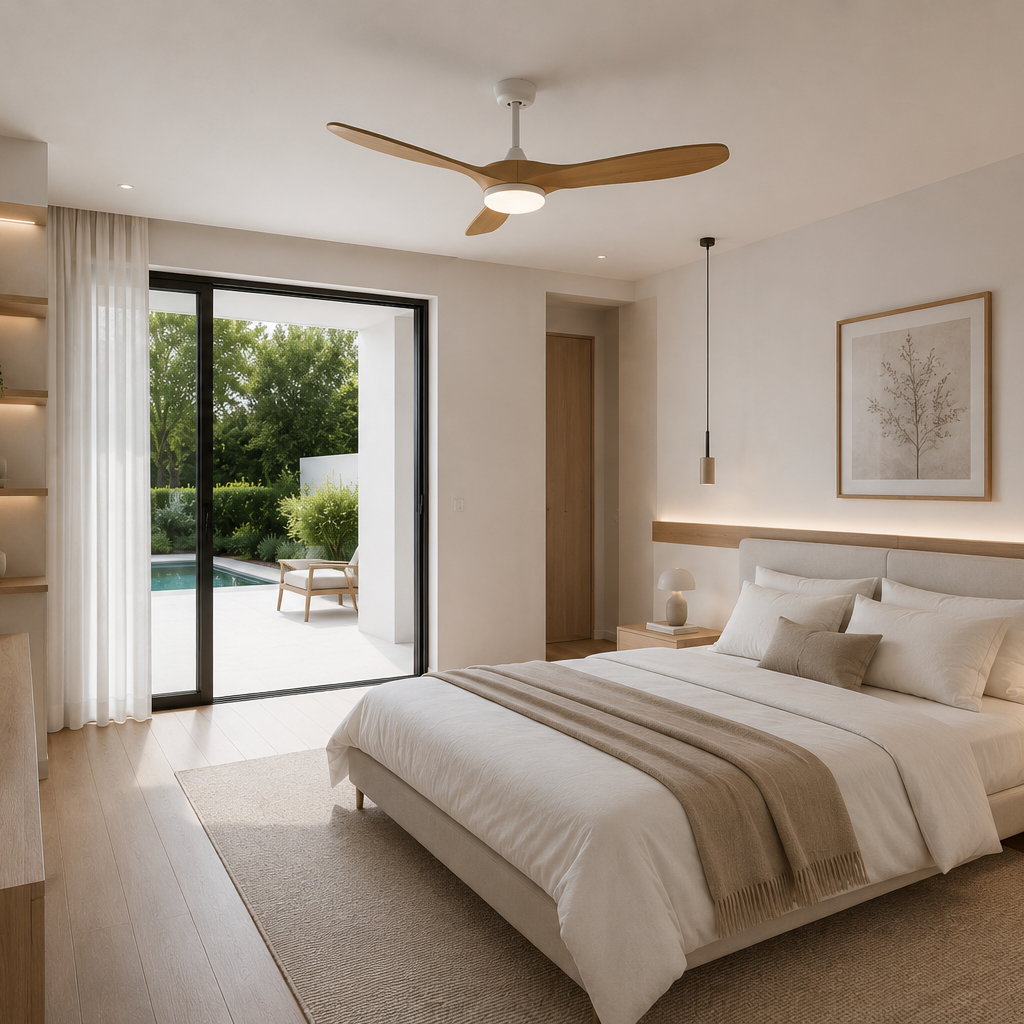Aria | Ventilateur vintage blanc et bois naturel, LED