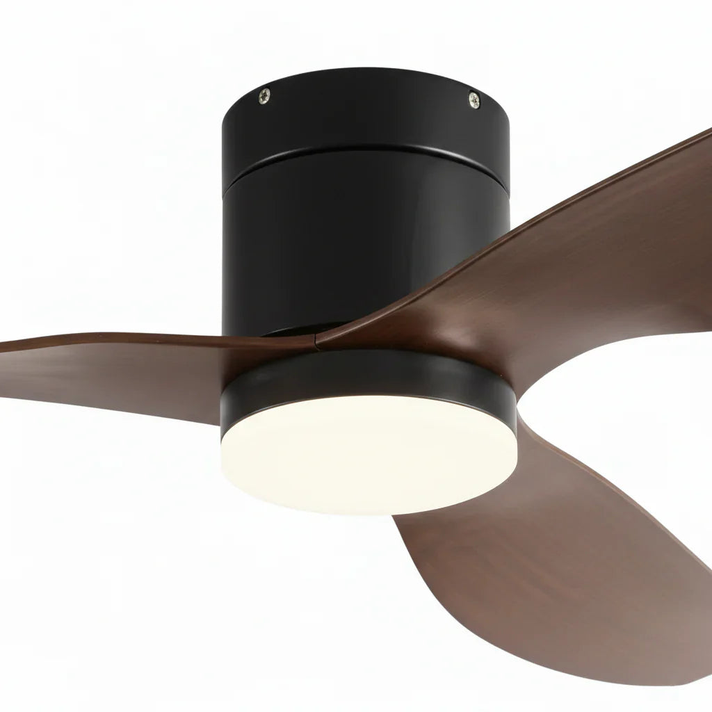 Selene | Ventilateur LED intégrée noir et bois foncé