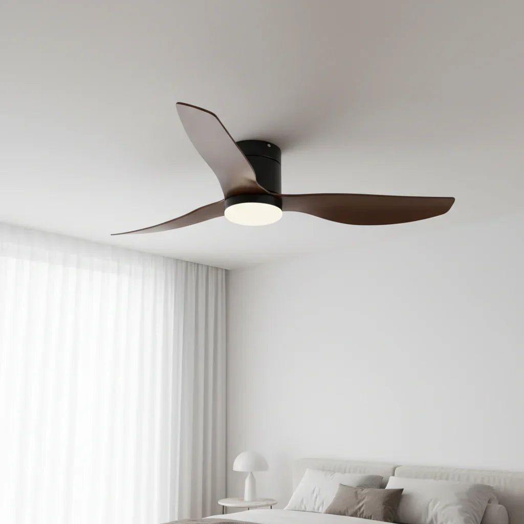 Selene | Ventilateur LED intégrée noir et bois foncé