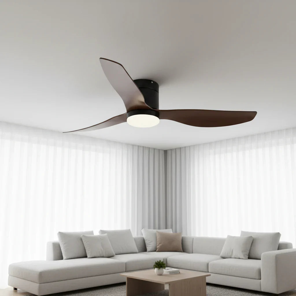 Selene | Ventilateur LED intégrée noir et bois foncé